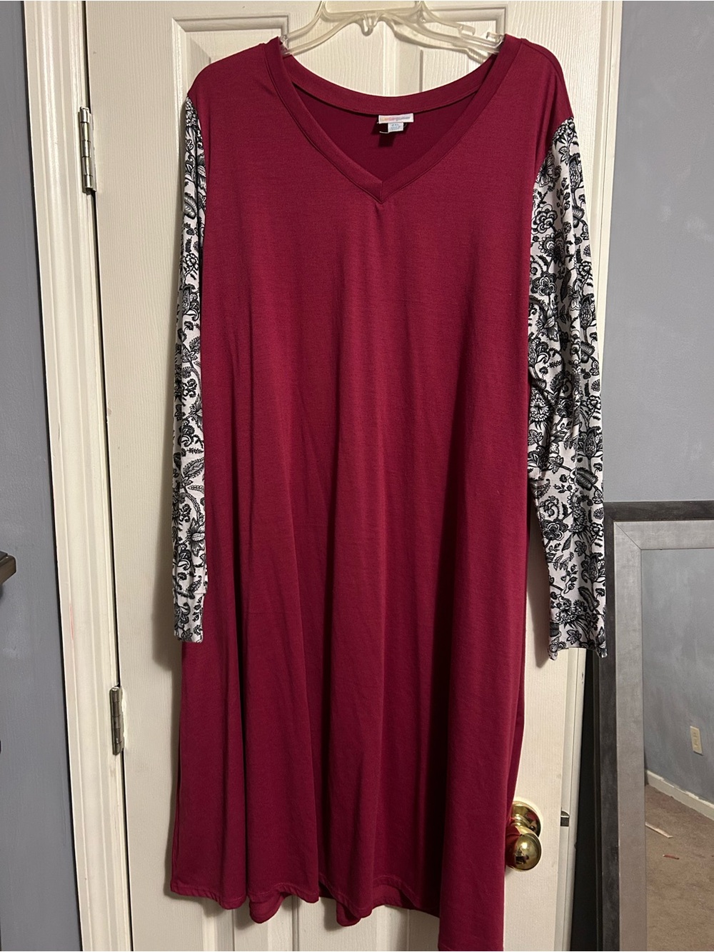 LuLaRoe Burgundy V-Neck Long Sleeve Dress with Printed Contrast Sleeves